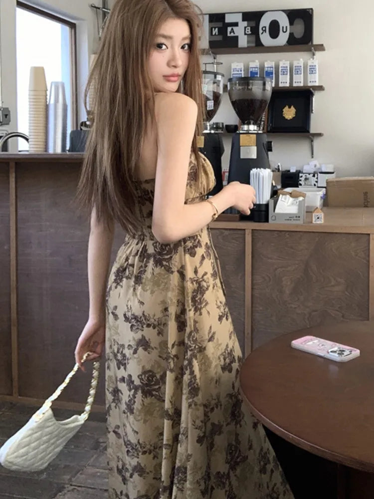 French Printed Midi Dresses for Spaghetti Strap Corset Slim A-line Summer New One Piece Vestido Mujer