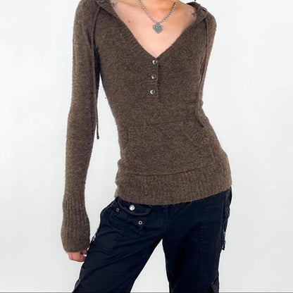 Y2k Brown V-neck Hooded Sweater Basic Slim Button Up Knitted Pullovers Autumn Outfits Lady