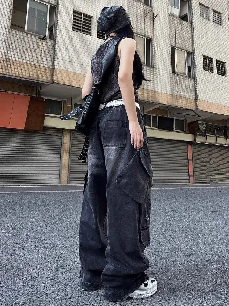 Black Ripped Cargo Jeans Hip Hop Harajuku Causal Loose Do Old Straight Wide Leg Denim Pants Y2k Mujer Trouser