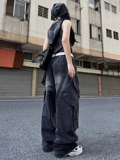 Black Ripped Cargo Jeans Hip Hop Harajuku Causal Loose Do Old Straight Wide Leg Denim Pants Y2k Mujer Trouser