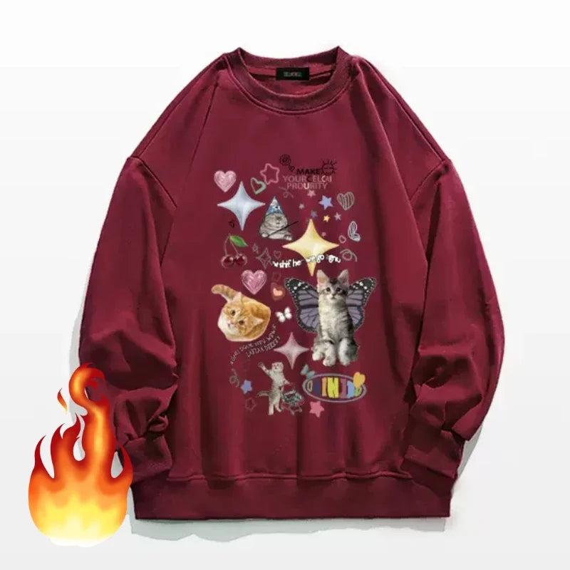 Kawaii Cat Print Hoodie Cutecore Long Sleeve Sweatshirt American Retro Egirl Kitten Angel Graphic Alt Clothes Y2k