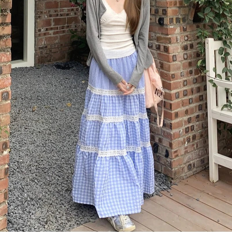 Korean Contrast Color Patchwork Loose Midlength Skirt Summer New High Waist All Match Plaid Aline Skirt