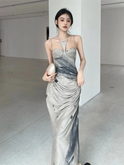 Tie Dye Designer Long Halter Dresses for Summer Backless Ruched Aline Maxi Dress Clothing