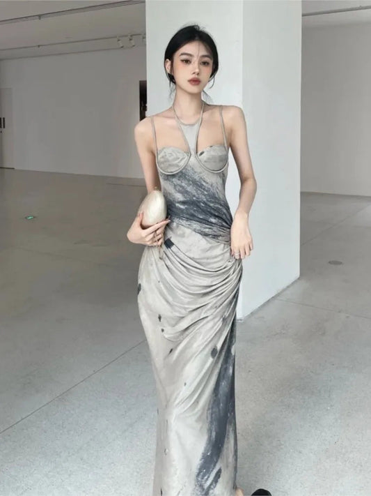 Tie Dye Designer Long Halter Dresses for Summer Backless Ruched Aline Maxi Dress Clothing