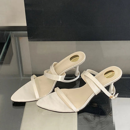 Summer White Sandal for Corss Ankle Buckle Strap Shoes Pointed Open Toe Thin Low Heels Sandalias