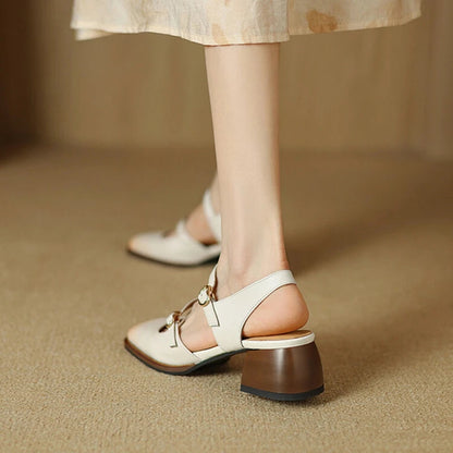 Summer Sandals Genuine Leather Shoes for Square Toe Chunky Heel Shoes Cover Toe Slingback Designer Sandals