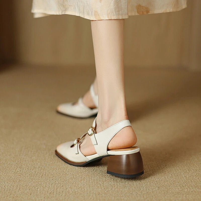 Summer Sandals Genuine Leather Shoes for Square Toe Chunky Heel Shoes Cover Toe Slingback Designer Sandals