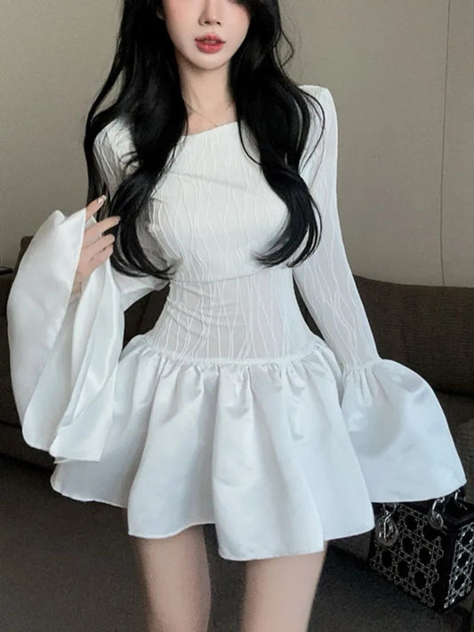 Y2k Sweet White Dresses Flare Long Sleeves Princess Ruffle Party Mini Dress Ball Gown Female Clothing New