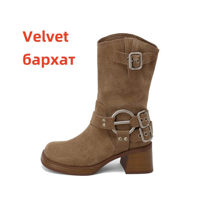 Cow Suede Leather Midcalf Boots Thick High Heels Autumn Winter Warm High Boots Motorcycle Boots Shoes