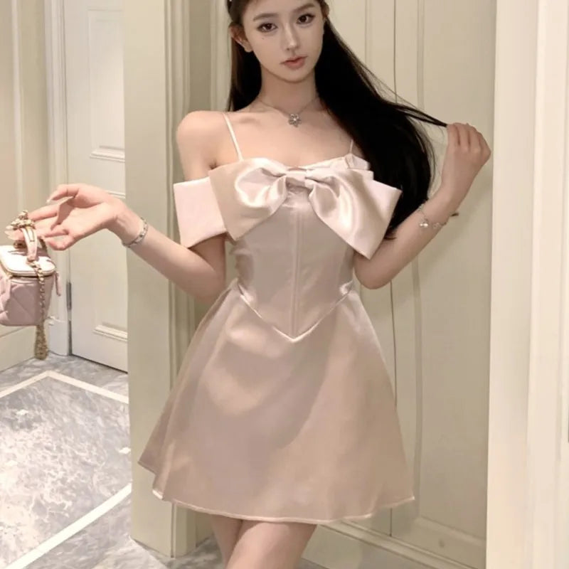 Evening Party Dresses Bow Design Spaghetti Strap Aline Birthday Mini Dress Korean One Piece Vestidos