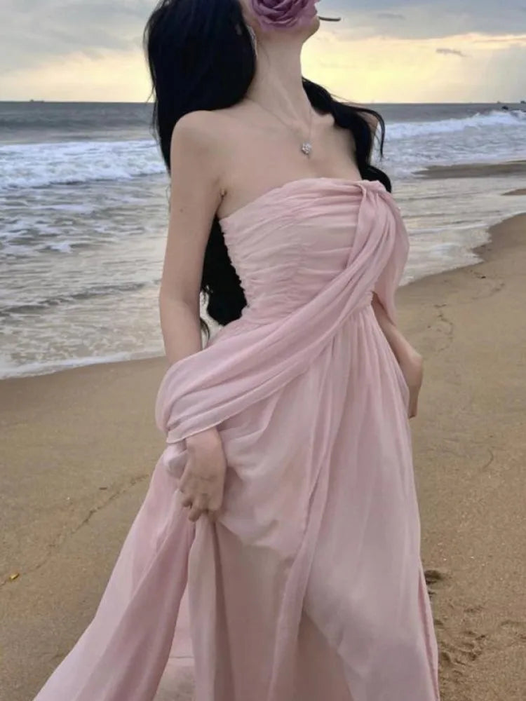 Summer Pink Pleated High Waist Split Long Dress Backless Halter Strapless Fairy Dress Female Vestido