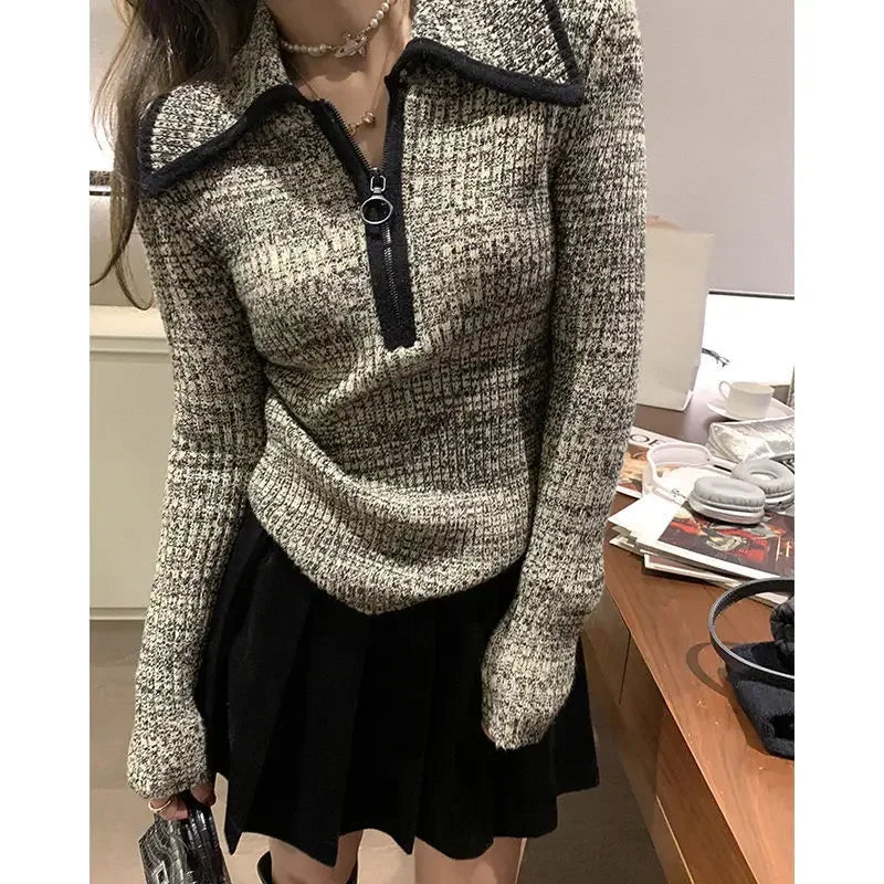Zipper Slim Knit Longsleeved Sweater Autumn New Turn Down Collar Contrast Color Patchwork Tops