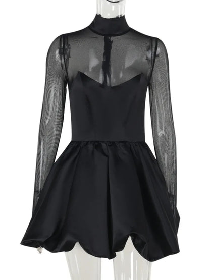 Turtleneck Sheer Long Sleeve Mini Dress for Black See Through High Waist A-line Club Party Dress