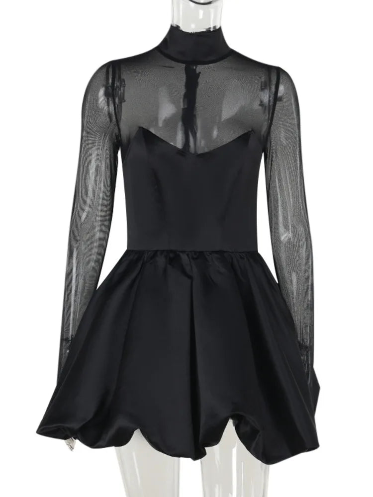 Turtleneck Sheer Long Sleeve Mini Dress for Black See Through High Waist A-line Club Party Dress