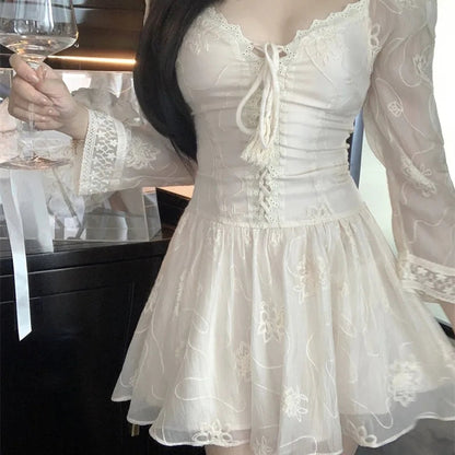 Lace Mini Dresses Spring Autumn V Neck Dress Korean Aline Vestidos Mujer