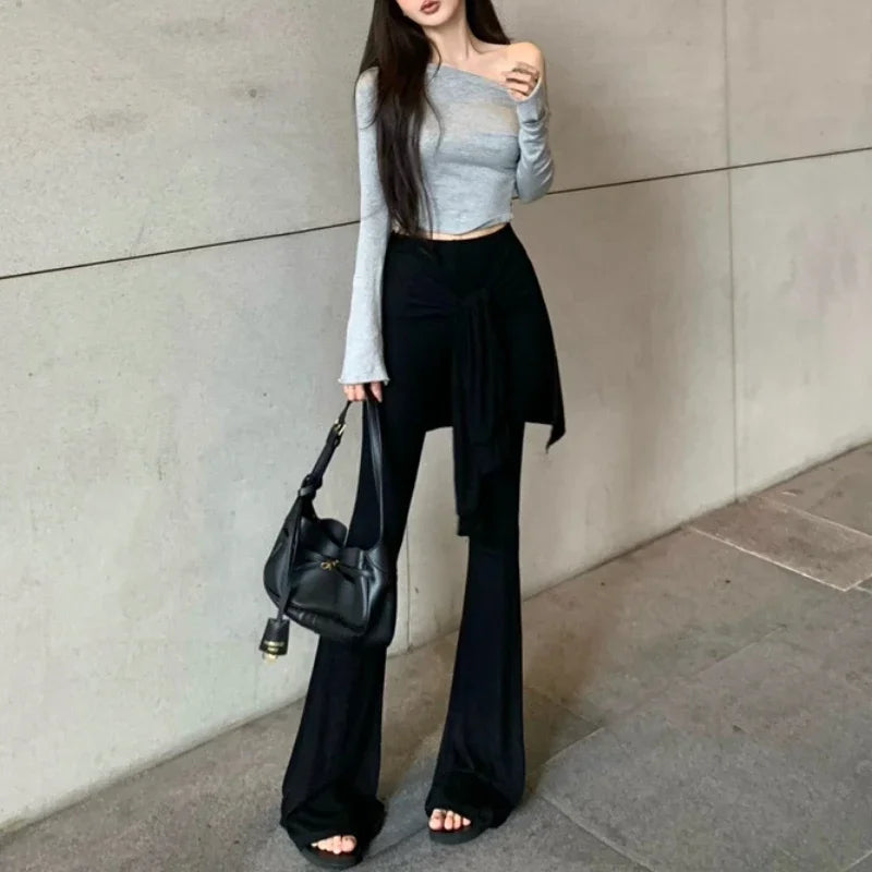 Autumn New Skew Collar Strapless Long Sleeve Tshirt + Pleated Laceup Slim Wide Leg Pants Twopiece Suit