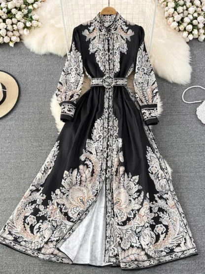 Long Dress Print A-line Ruffled Party Dresses Long Sleeve Long Robe Vestidos