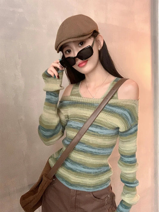 Harajuku Knitted Jumper Striped Long Sleeve Autumn Winter Slash Neck Sweater Korean Slim Pullover Gyaru Grunge Clubwear