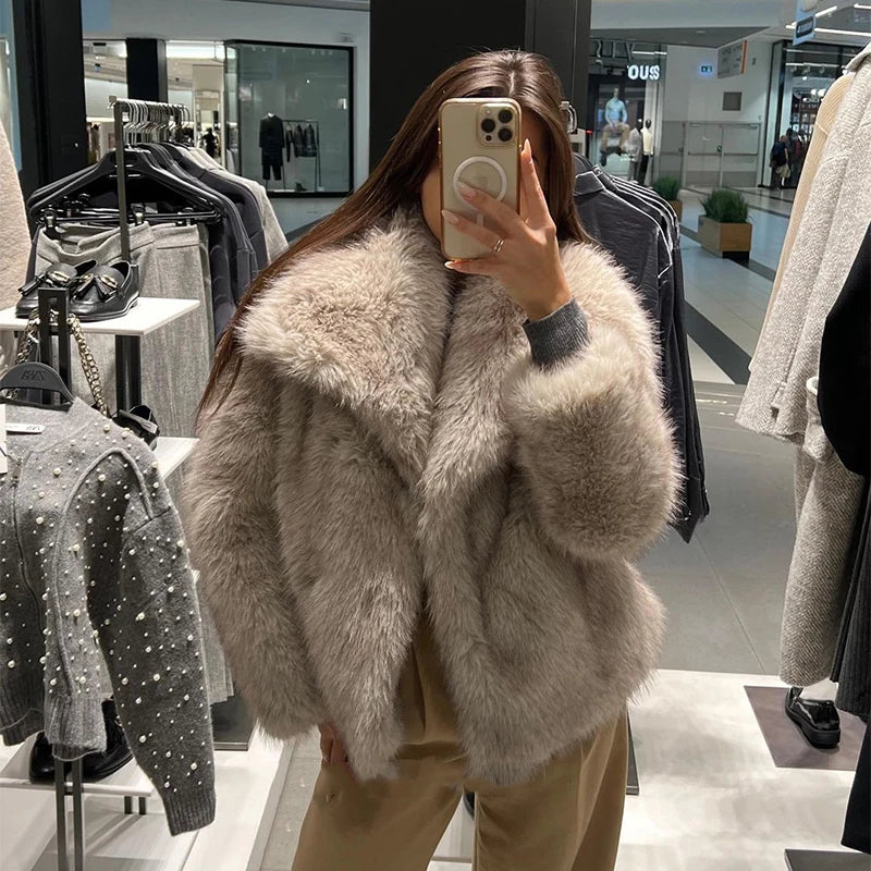 Winter New Gradient Fluffy Fur Coat High Street Big Fur Collar Faux Fox Fur Jacket Female Overcoats