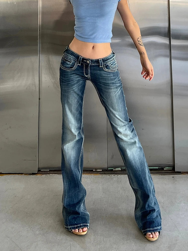 Woman Korean Jeans Denim Pants Allmatch Hot Y2k Office Lady Ins Wash Tiedyed Low Waist Tight Bodycon