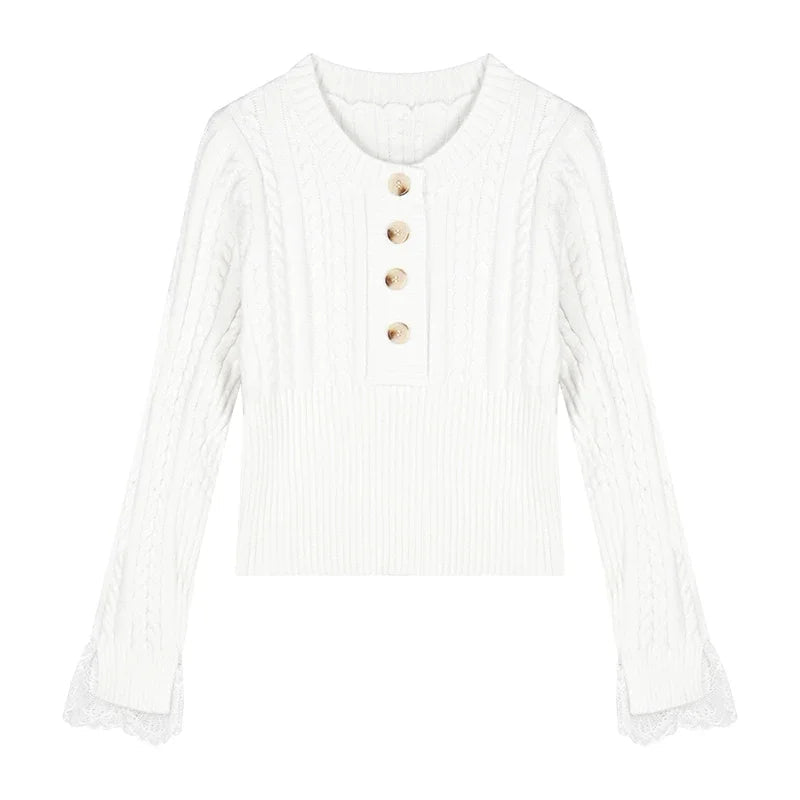 Spring New Korean Lace Splicing Multibutton Color Long Sleeve Sweater + Warm Plush Scarf Twopiece Suit