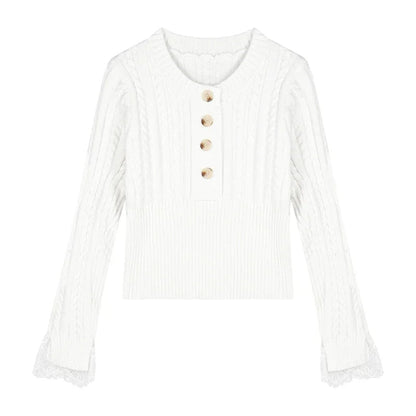 Spring New Korean Lace Splicing Multibutton Color Long Sleeve Sweater + Warm Plush Scarf Twopiece Suit