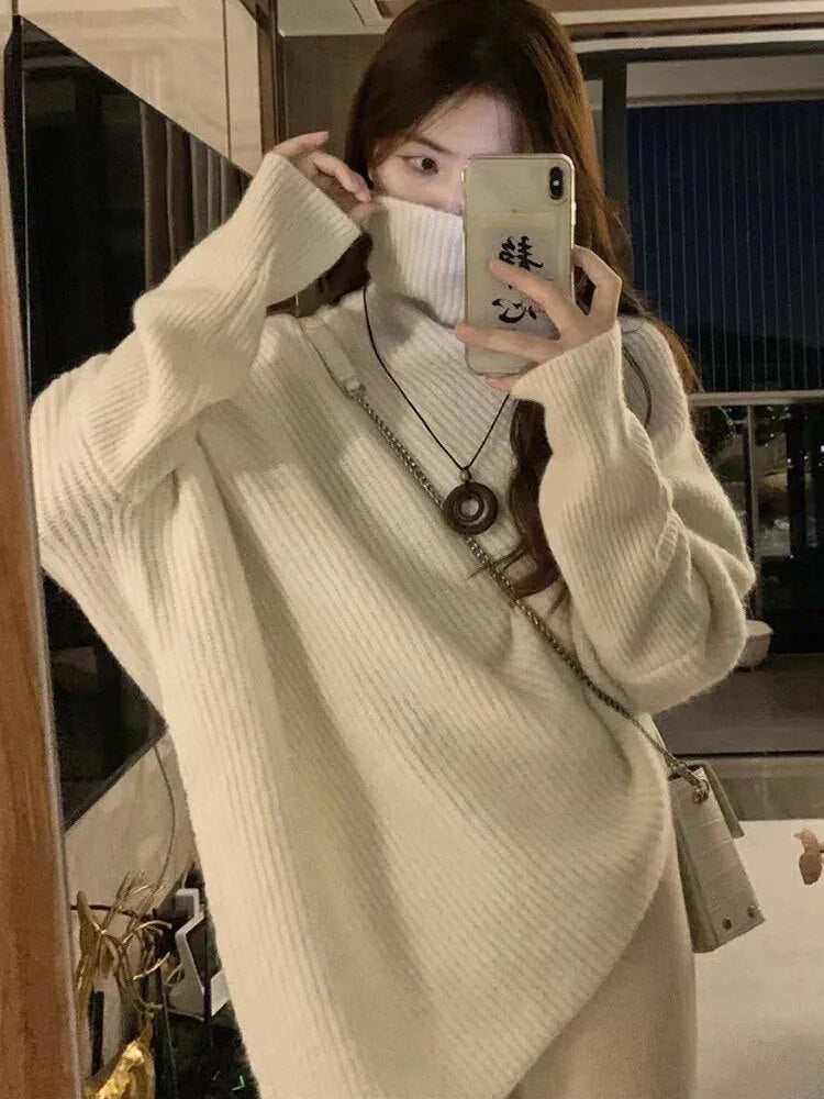 Winter Turtlenecks Korean Irregular Knitted Sweater Female Warm Color Pullovers Lady Loose Long Sleeve Jumper Fc8510