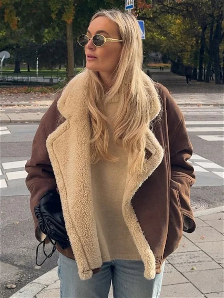 Winter Loose Overcoat for Lapel Pocket Jacket Coat Commute Contrast Outwear