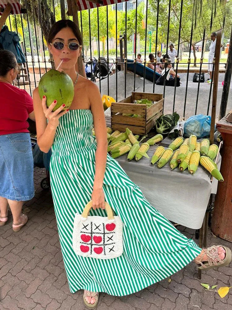 New Green Stripes Maxi Dress Tube Long Beach Dress Off Shoulder Backless Summer Bust Elastic Dresses