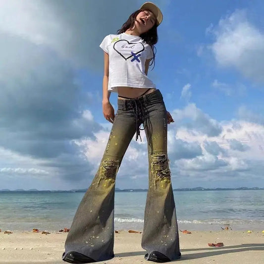 American Y2k Low Rise Jeans Laceup Design Splashed Ink Distressed Thin Versatile Popular Ripped Flared Pants
