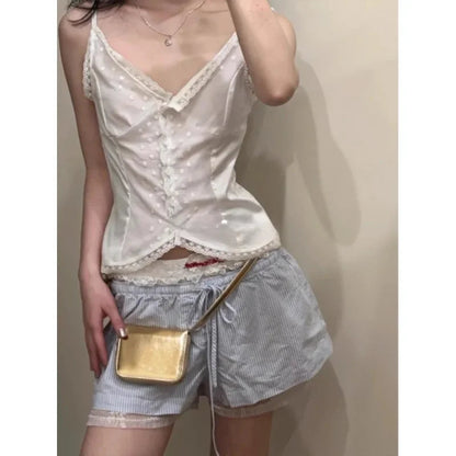 Summer New Letter Embroidery Seethrough White Lace Shorts + Laceup Striped Shorts Twopiece Suit