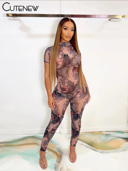 ’s Printed Jumpsuit Short-sleeves Fitness One Piece Sporty Attirewear Overalls Spring New