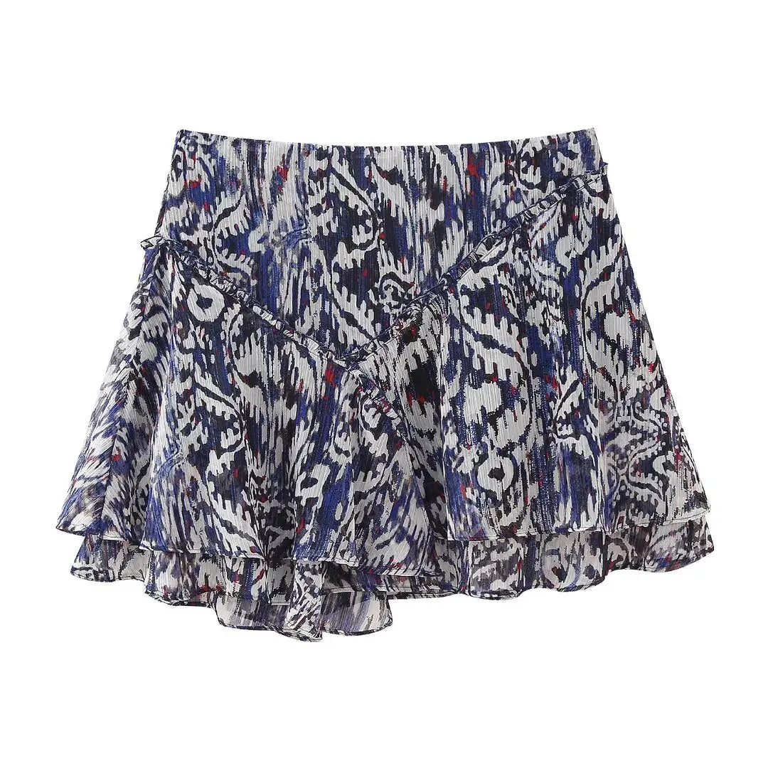 Chiffon 2 Piece Set Long Sleeves Printed Flowy Loose Blouse Top Woman Ruffle Aline Mini Skirt