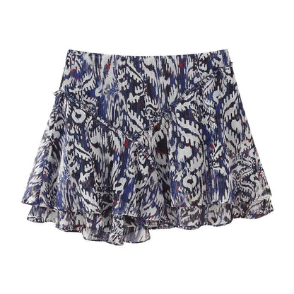 Chiffon 2 Piece Set Long Sleeves Printed Flowy Loose Blouse Top Woman Ruffle Aline Mini Skirt