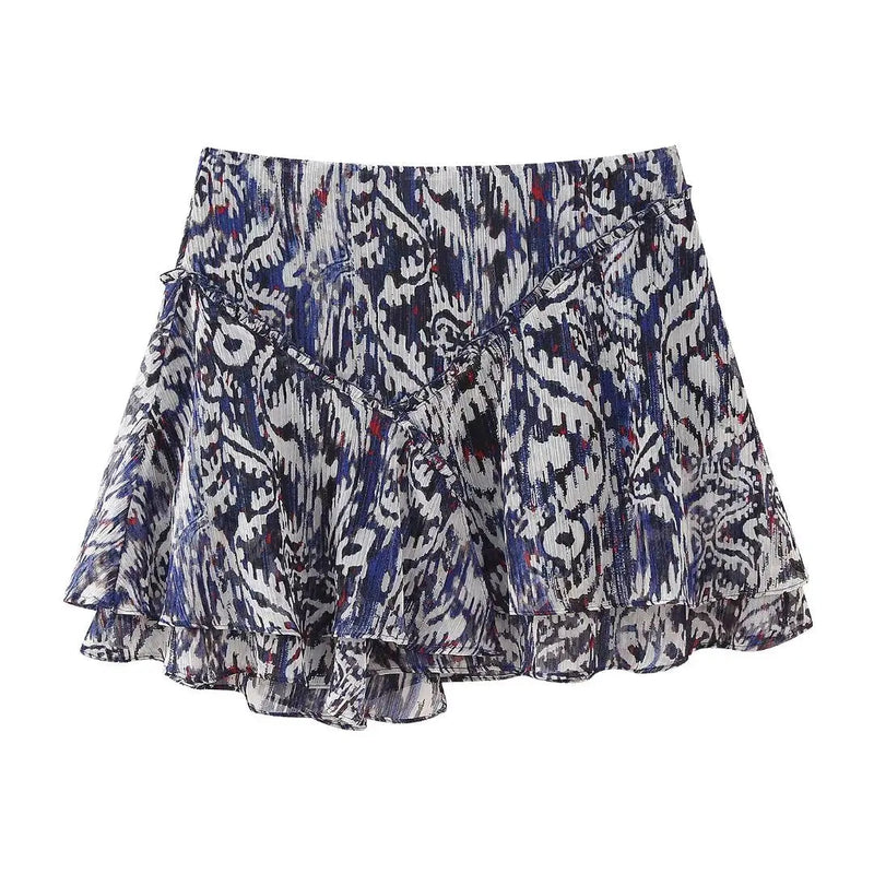 Chiffon 2 Piece Set Long Sleeves Printed Flowy Loose Blouse Top Woman Ruffle Aline Mini Skirt