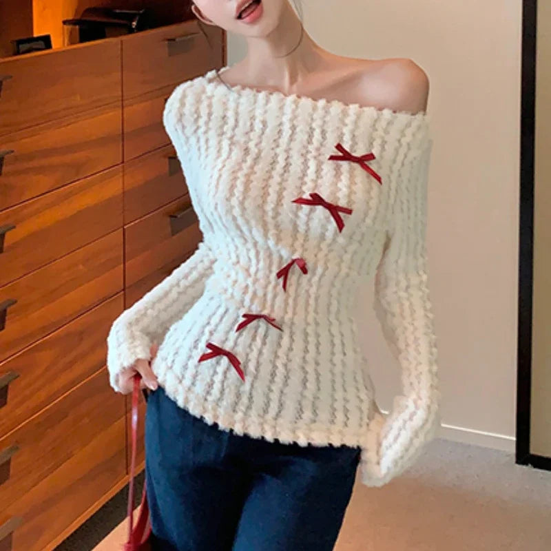 Strapless Slim Long Sleeve Sweater Autumn New Korean Contrast Color Bow Patchwork Knitted Tops