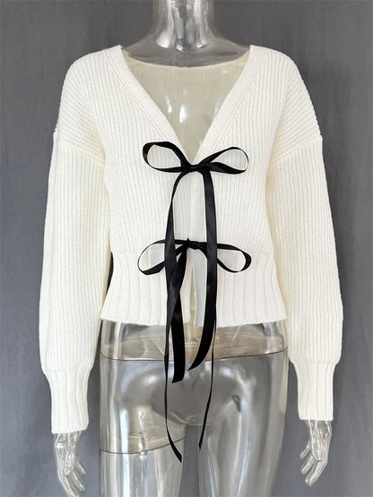 Autumn Knit Sweater Cardigan for Tee Bow Hollow Out Ribbed Patchwork Lace-up Top Female Knitwear Cardigan