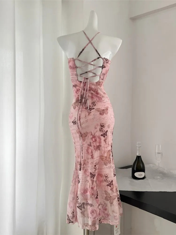 Bodycon Backless Bandage Long Dresses for Summer Printed Spaghetti Strap Laceup Party Dress Prom Vestidos