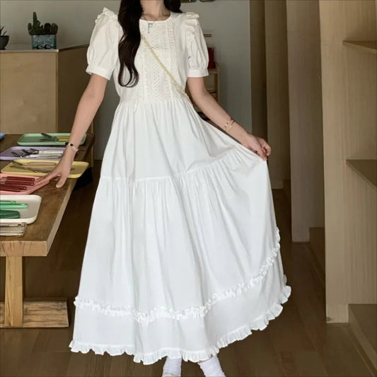 White Long Dresses Puff Sleeve Spring Summer Vestidos Mujer Korean Ruffles Sweet Dress