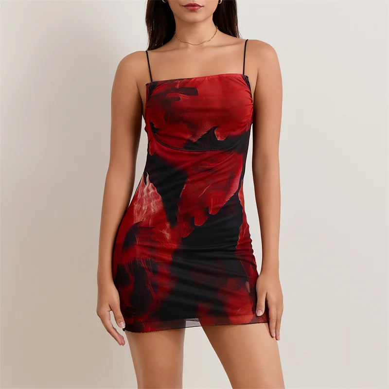Mini Dress Summer Print Square Collar Spaghetti Strap Sleeveless Short Dress Evening Party Dresses