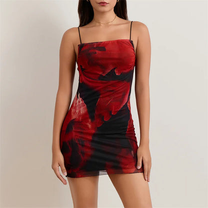 Mini Dress Summer Print Square Collar Spaghetti Strap Sleeveless Short Dress Evening Party Dresses