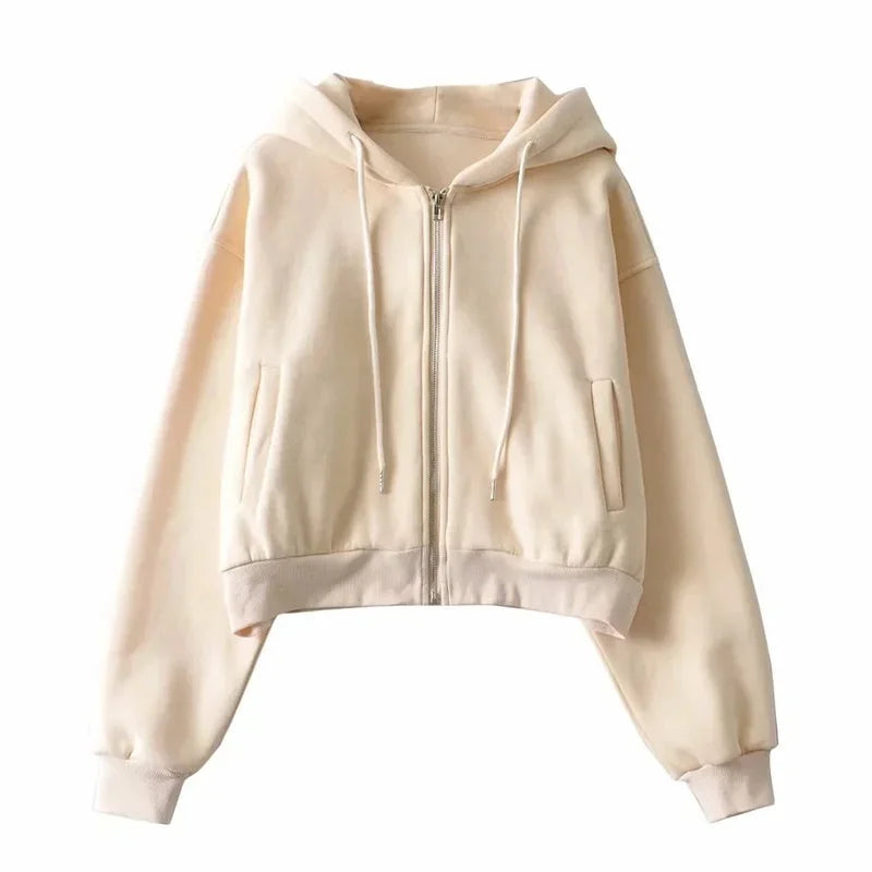 Autumn Spring Zip Up Hoodies Pockets Slim Crop Top Jacket Female Clothes Drawstring White Hoody Cotton Coats