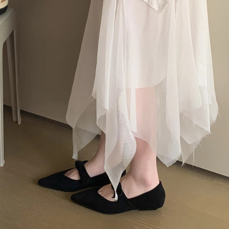 Satin Pointed Toe Mary Jane Bow Knitted Flats Shallow Comfortable Chunky Heel Shoes Design Ballet Shoes