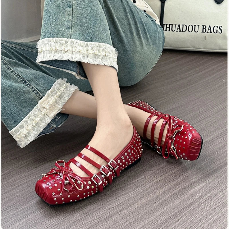 Rivet Ballet Burgundy Mary Jane Flat Shoes Summer New Bow Square Head Comfortable Shoes
