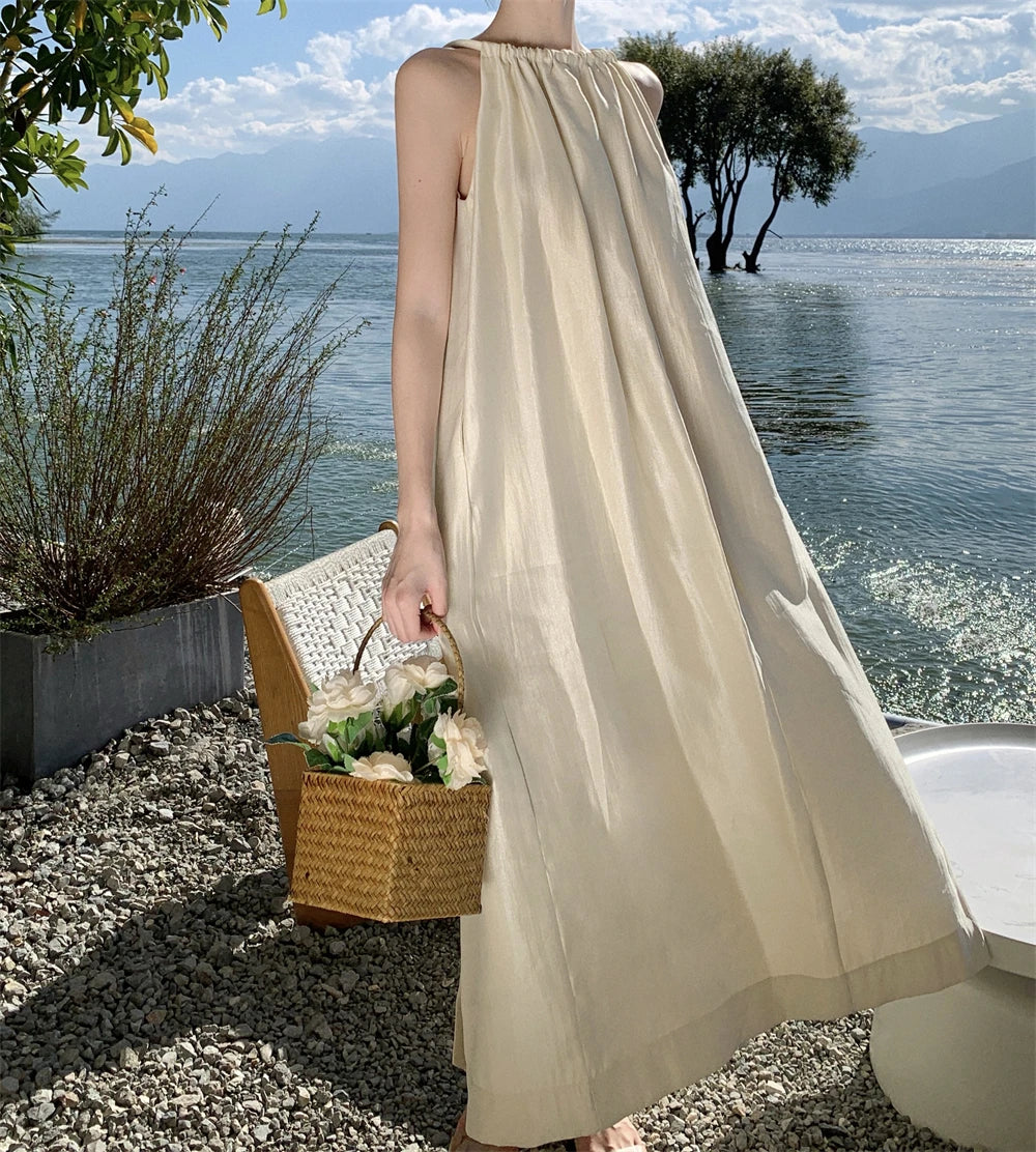 Apricot Hanging Neck Round Neck Sleeveless Pleated Long Dress Summer Temperament Loose Halter Dress