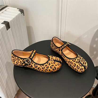 Mary Jane Genuine Leather Shoes Hand Stitch Ballet Flats Leopard Red Shoes Loafers