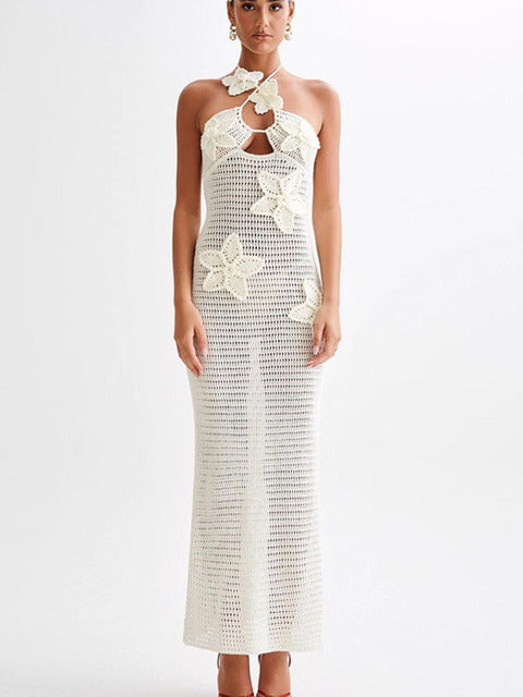 See Through Crochet Knit Maxi Dress for Halter Sleeveless Backless Party Long Dress Beachwear New