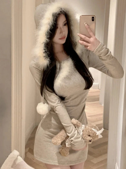 Y2k Sweet Outfits Party Dresses Woman Patchwork Long Sleeve Bodycon Hooded Mini Dress Autumn Korean Vestidos
