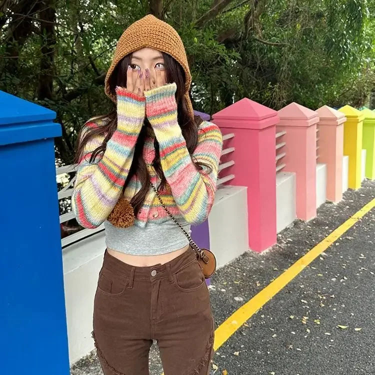 Striped Short Knitted Cardigan Spring and Autumn New Gentle Soft Glutinous Sweater Coat Slim Design Top