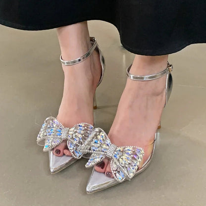 Rhinestone Bow Pvc Transparent High Heels Hollow Party Dress Shoes Female Pointed Toe Heeled Sandals
